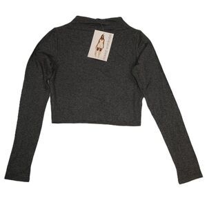 Naked Wardrobe Mock Neck Long Sleeve Crop Top Large Charcoal Heather Grey Gray